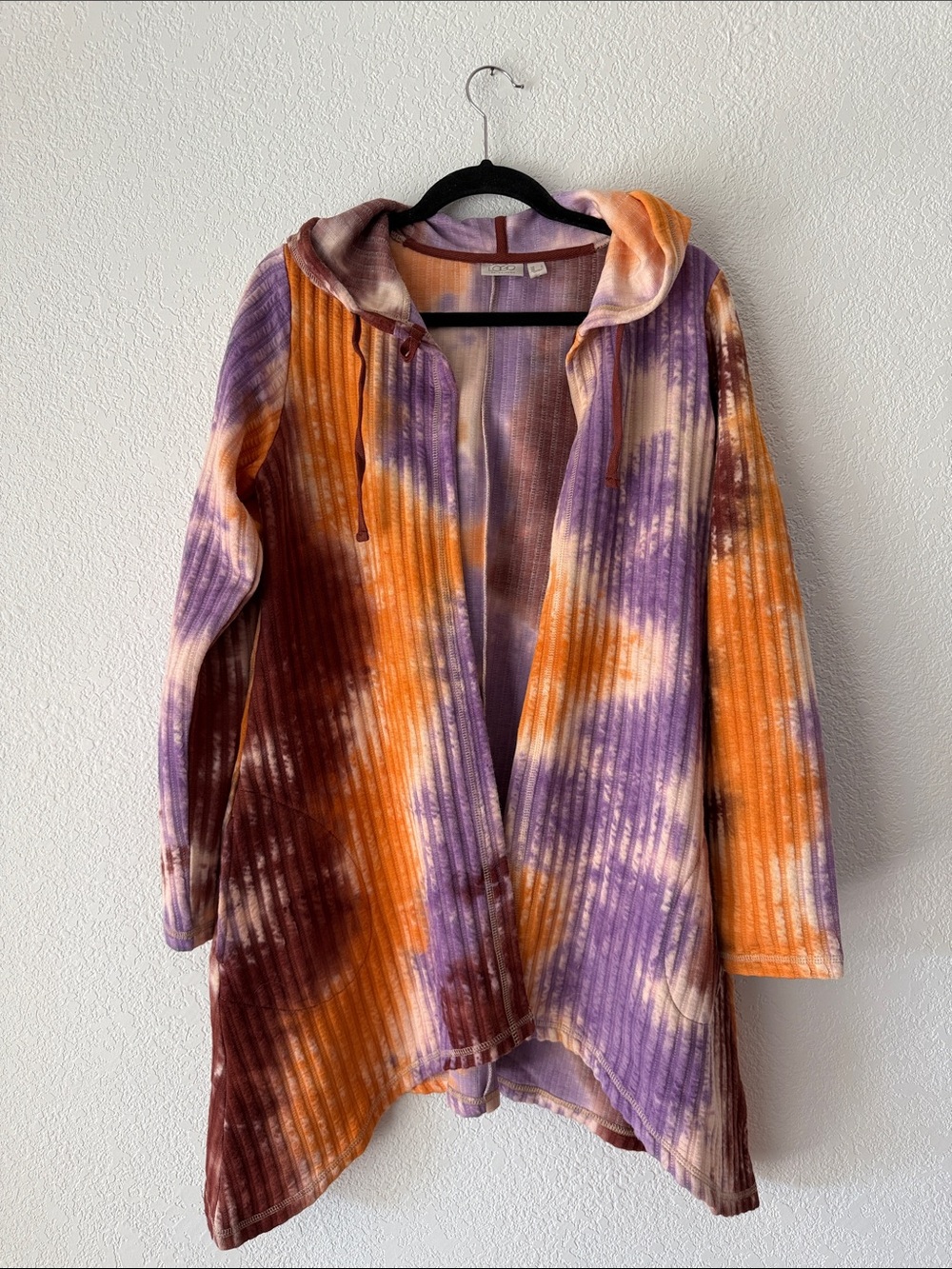 LOGO Lori Goldstein Small Tie Dye Hooded Cardigan Duster Boho Purple Orange